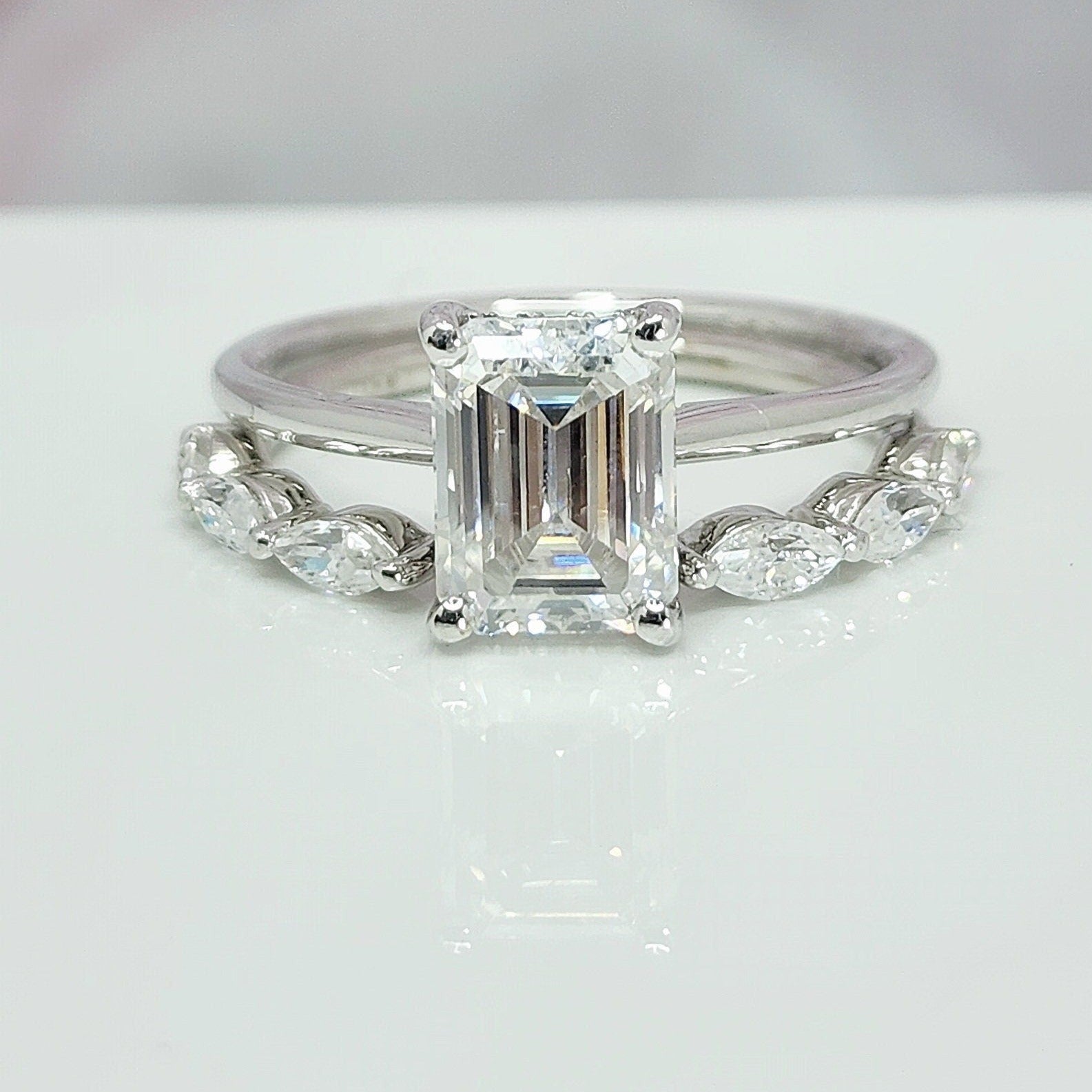 Carat Dainty Emerald Cut Diamond Engagement Ring Set High End Open