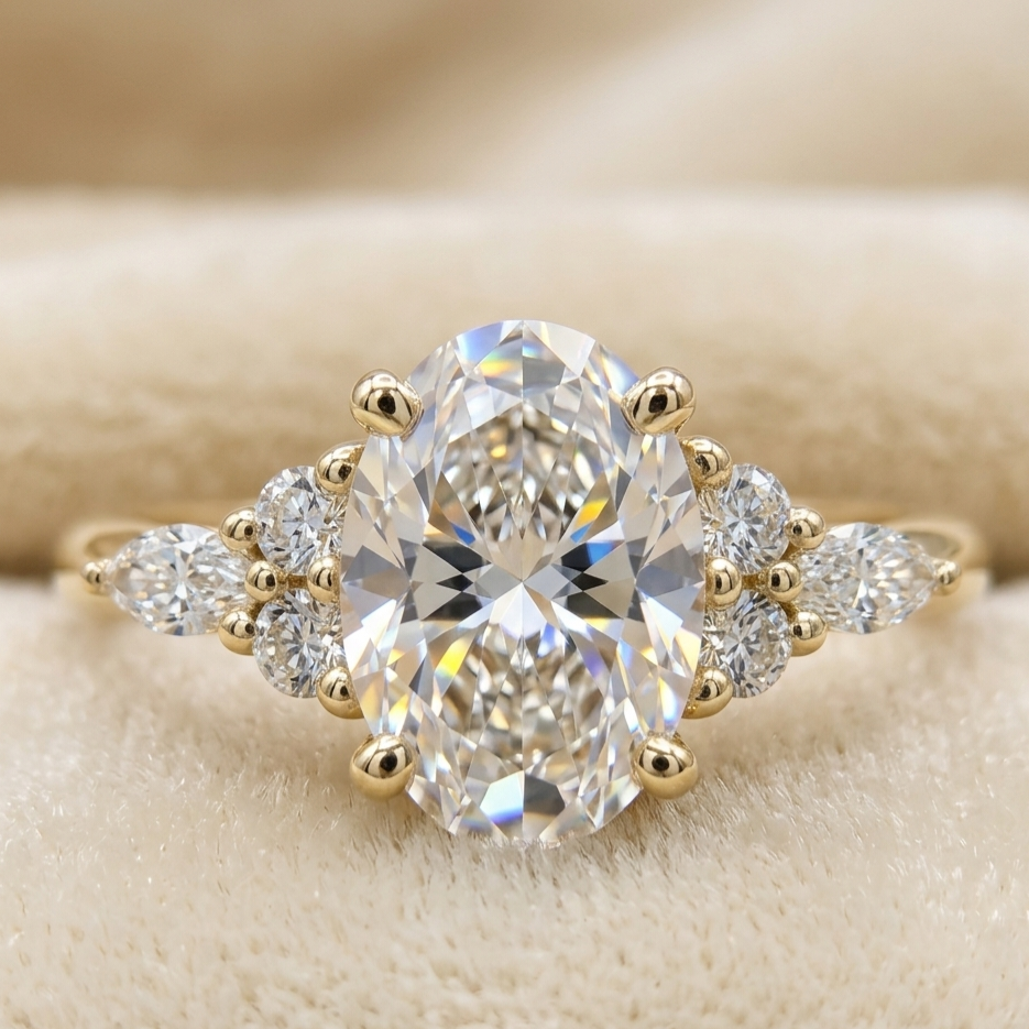 Gold ring with a large diamond and smaller diamonds on a beige background