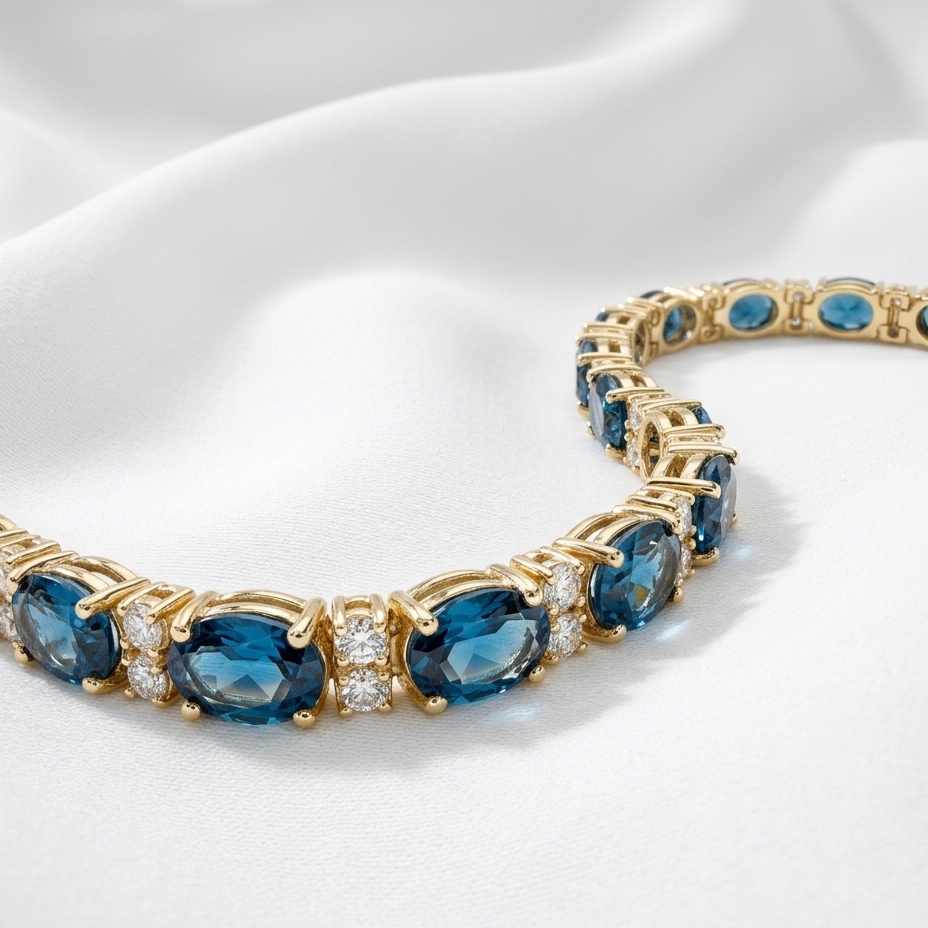 London Blue Topaz & Diamond Tennis Bracelet | 14K Gold | Natural Gemstone | D Color VS Diamond