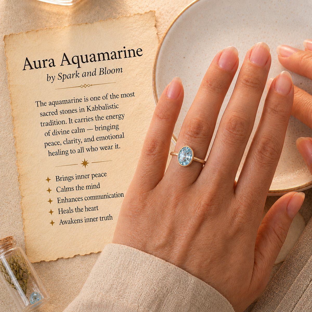 Aquamarine Ring 14K Gold | 1.00 Ct Oval Bezel Setting | Aura Spirit Collection