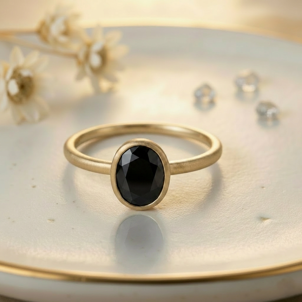 Aura Spirit Ring | Oval Black Spinel 1.00ct | 14K Gold | Bezel Setting | Spark and Bloom