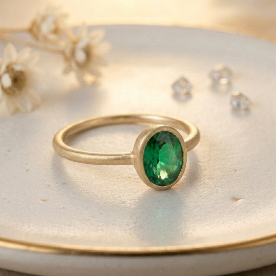 Aura Spirit Ring | Oval Emerald 0.71ct | 14K Gold | Bezel Setting | Spark and Bloom