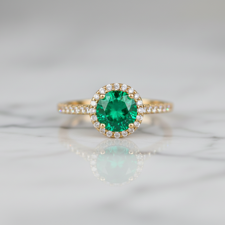 Gold ring with a green gemstone on a light gray background