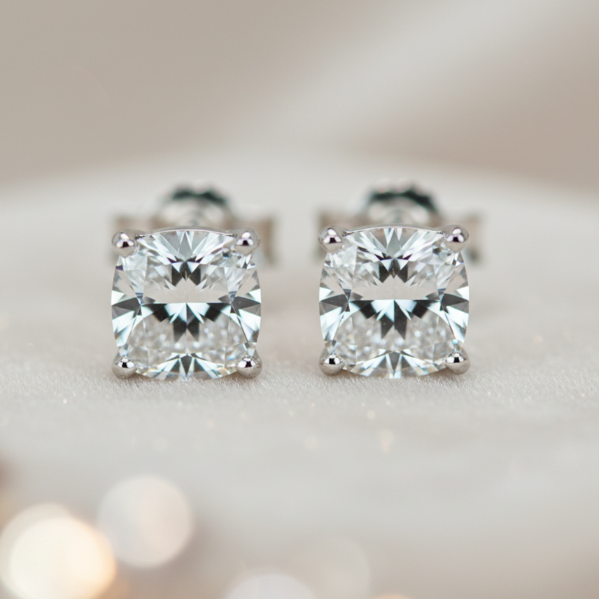 Diamond Earrings Studs Cushion Cut, 14k White Gold