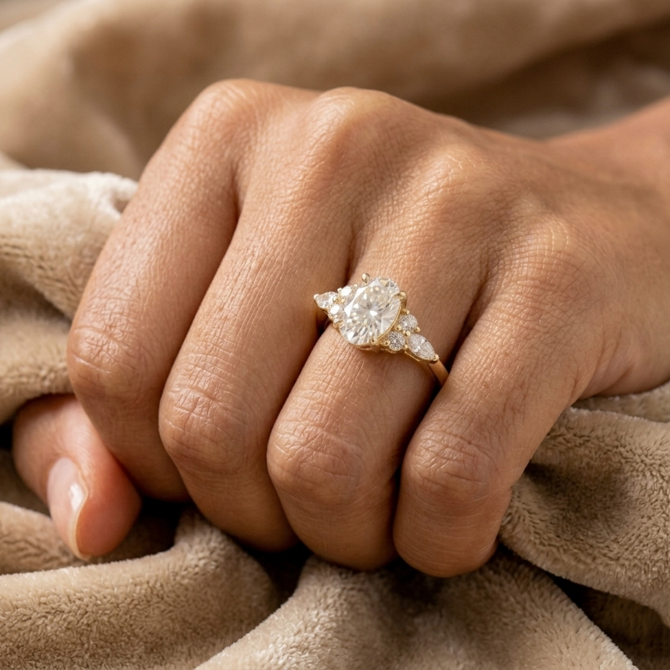 Hand wearing a diamond ring on beige fabric