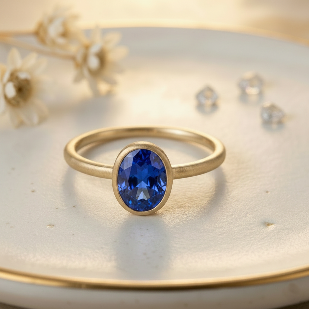 Aura Spirit Sapphire Ring | 1.00 Ct Oval Sapphire | 14K Gold Bezel | Spark & Bloom