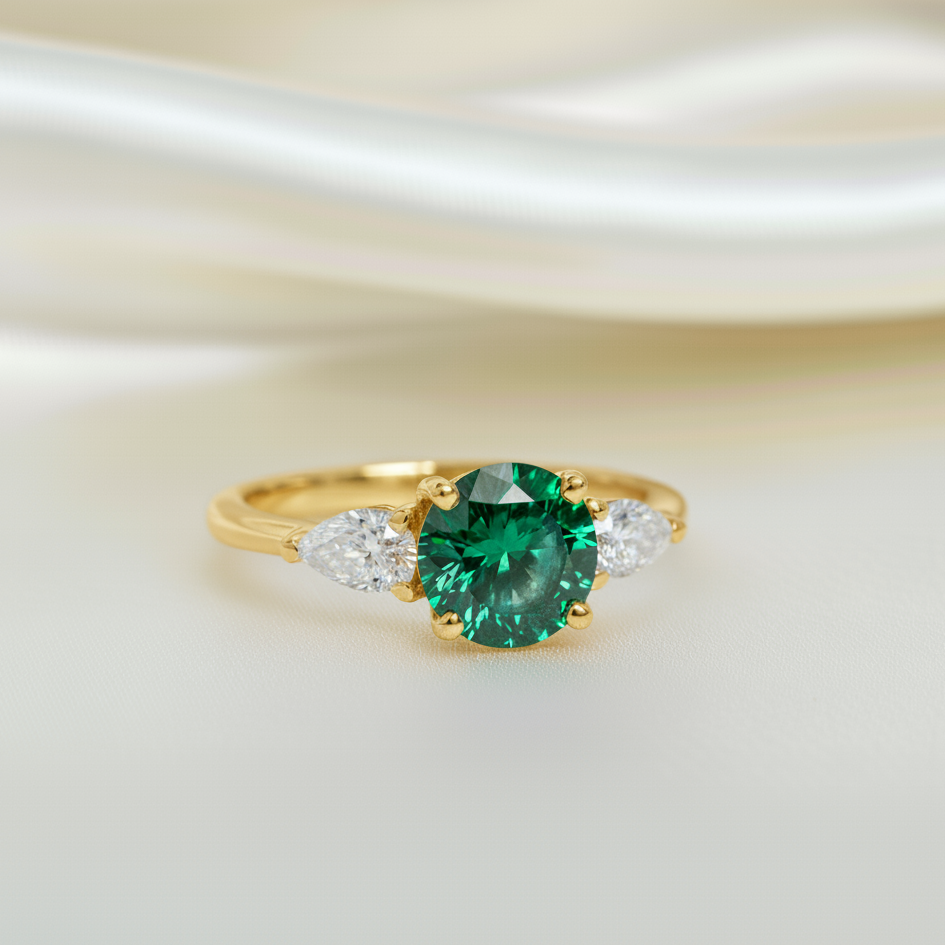 Emerald & Diamond Engagement Ring | 1CT Emerald | Pear Diamond Accents | Art Deco | 14K Gold