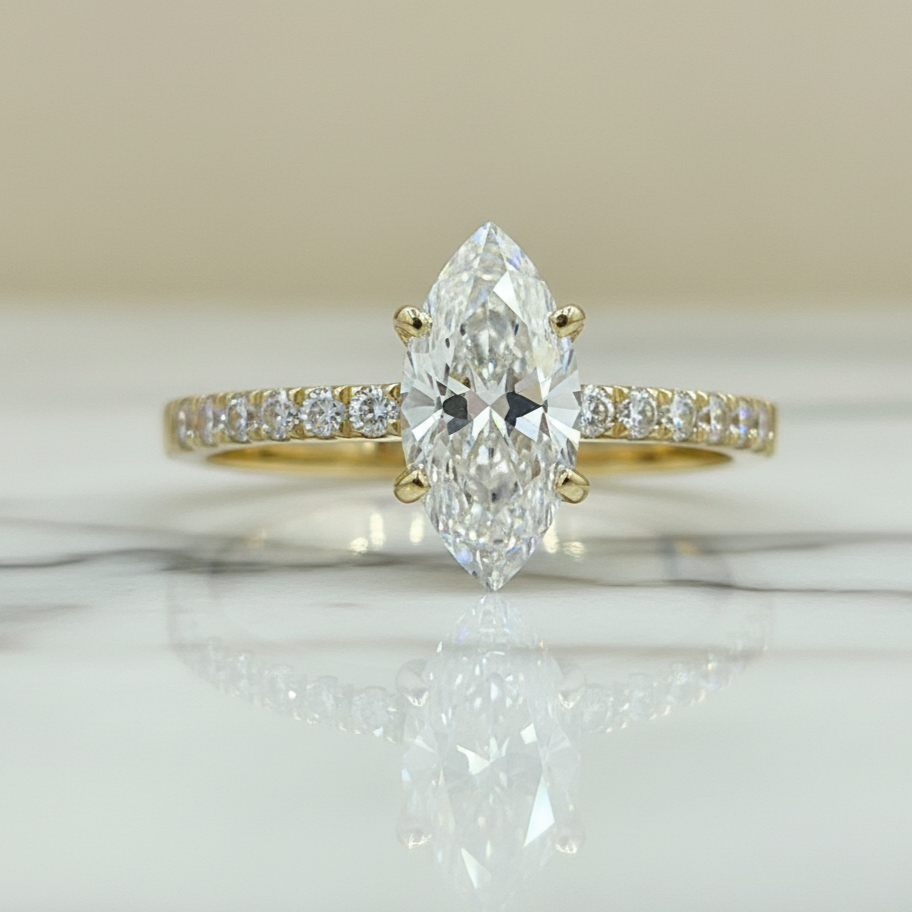 Marquise Lab-Grown Diamond Ring | 1.5 Ct Center E VS1 IGI | 0.25 Ct Side Diamonds | 14K Gold