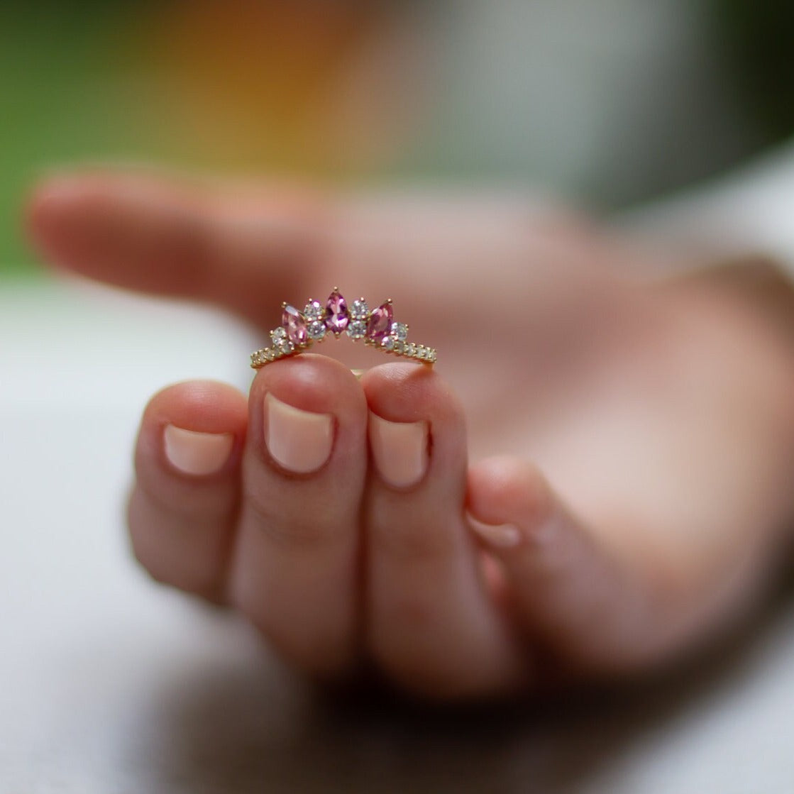 Stunning Curved Diamond Ring Crown Curved Art Deco Ring with Tourmaline Gemstone