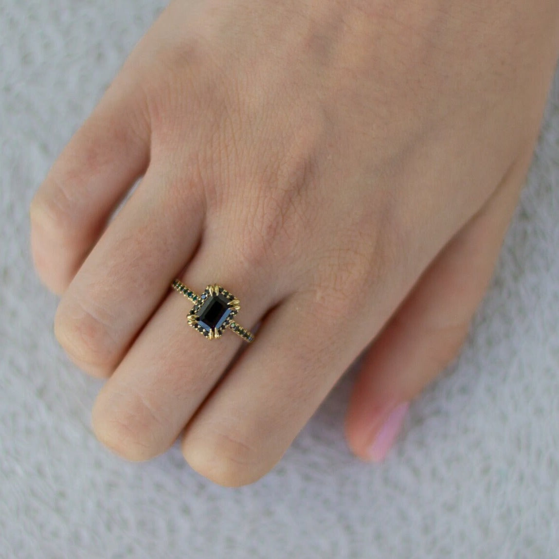 Minimalist Tiny Black Diamond Black Spinel Baguette Cut 14k Yellow Gold Bridal Ring For Her High End Style Wedding Gift Ring For Woman