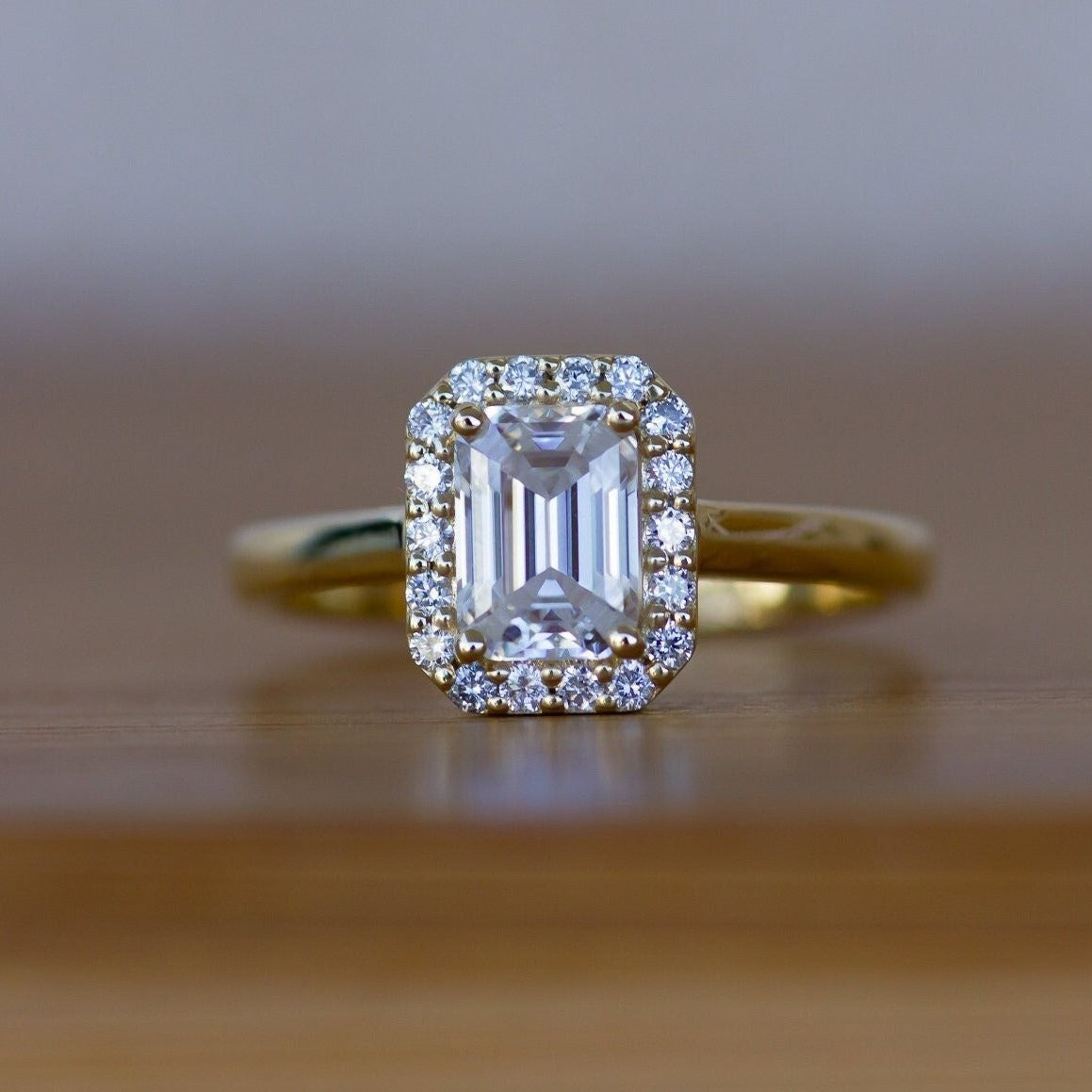 Amazing Classic Engagement Ring with Emerald Cut Moissanite and Diamonds Ring