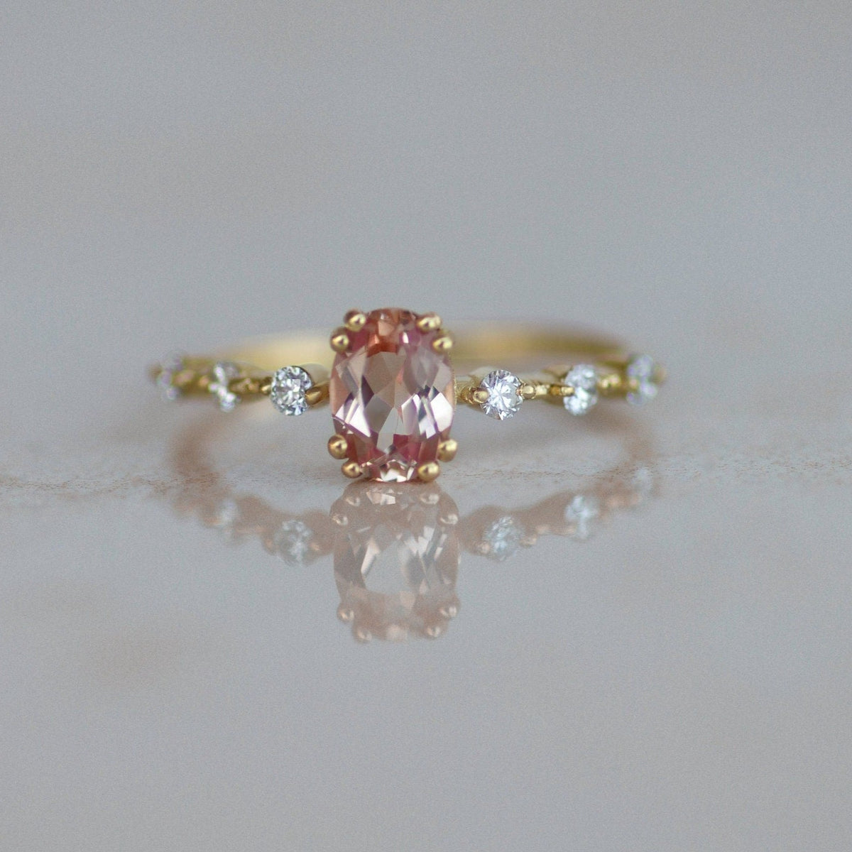 Dainty 14K Gold Natural Morganite Anniversary Ring Gift for Her, Oval Morganite Fine Jewelry