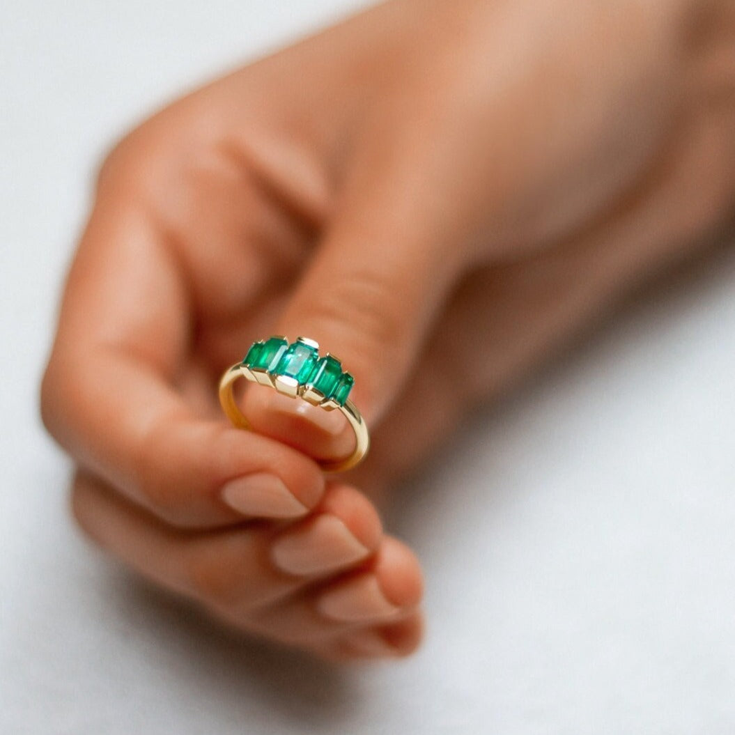 5 Stone Ring Emerald Stackable Modern Ring