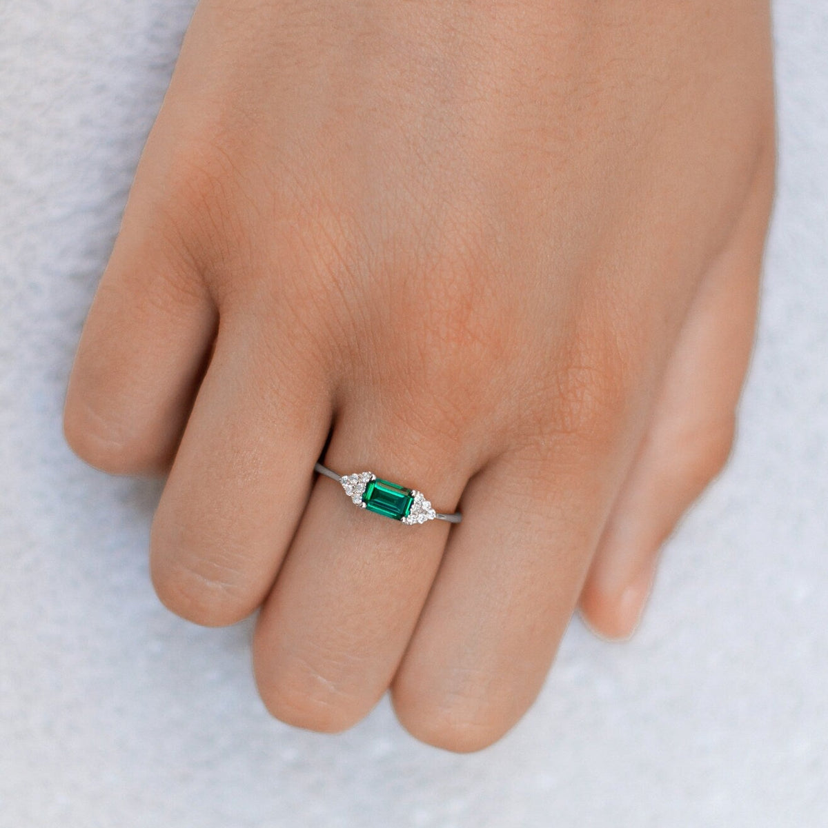 Green Emerald Cluster Ring, Diamond Halo, 14K Gold