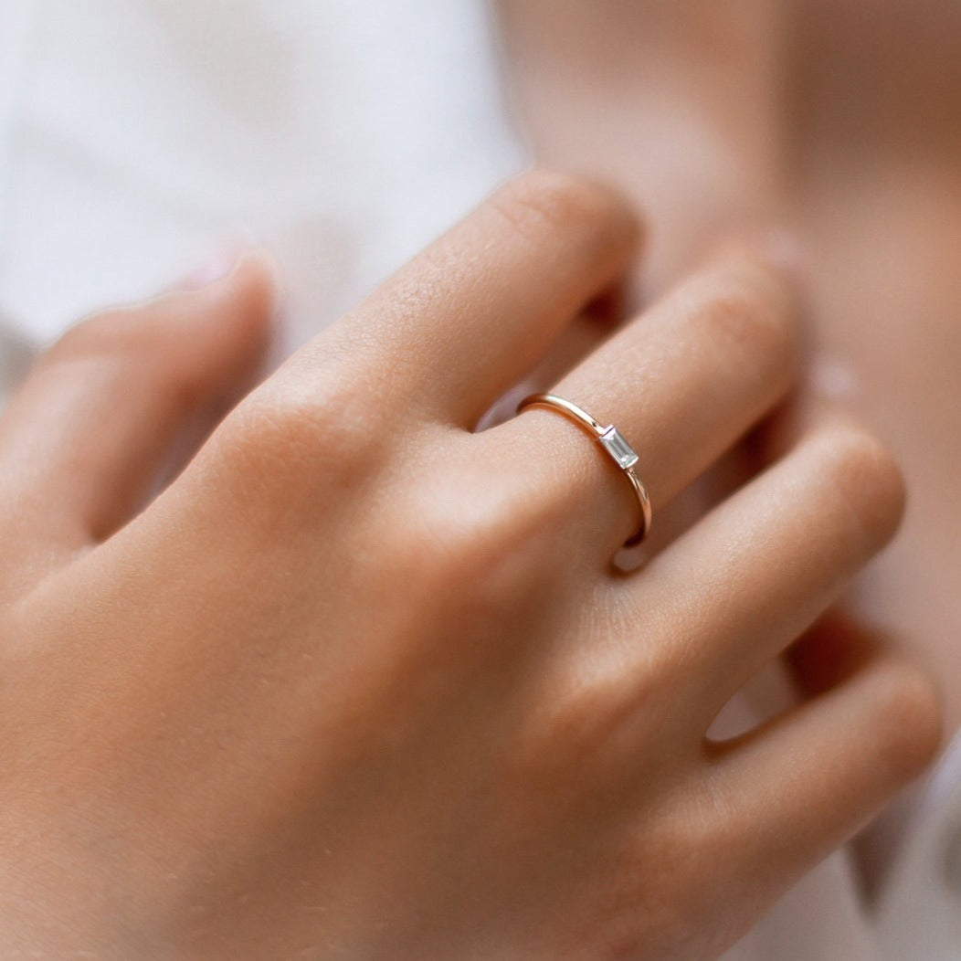 Baguette Ring Engagement, Baguette Ring 14K Gold, Dainty Modern Diamond Ring, Anniversary Ring, Thin Gold ring, Rectangle Diamond Ring