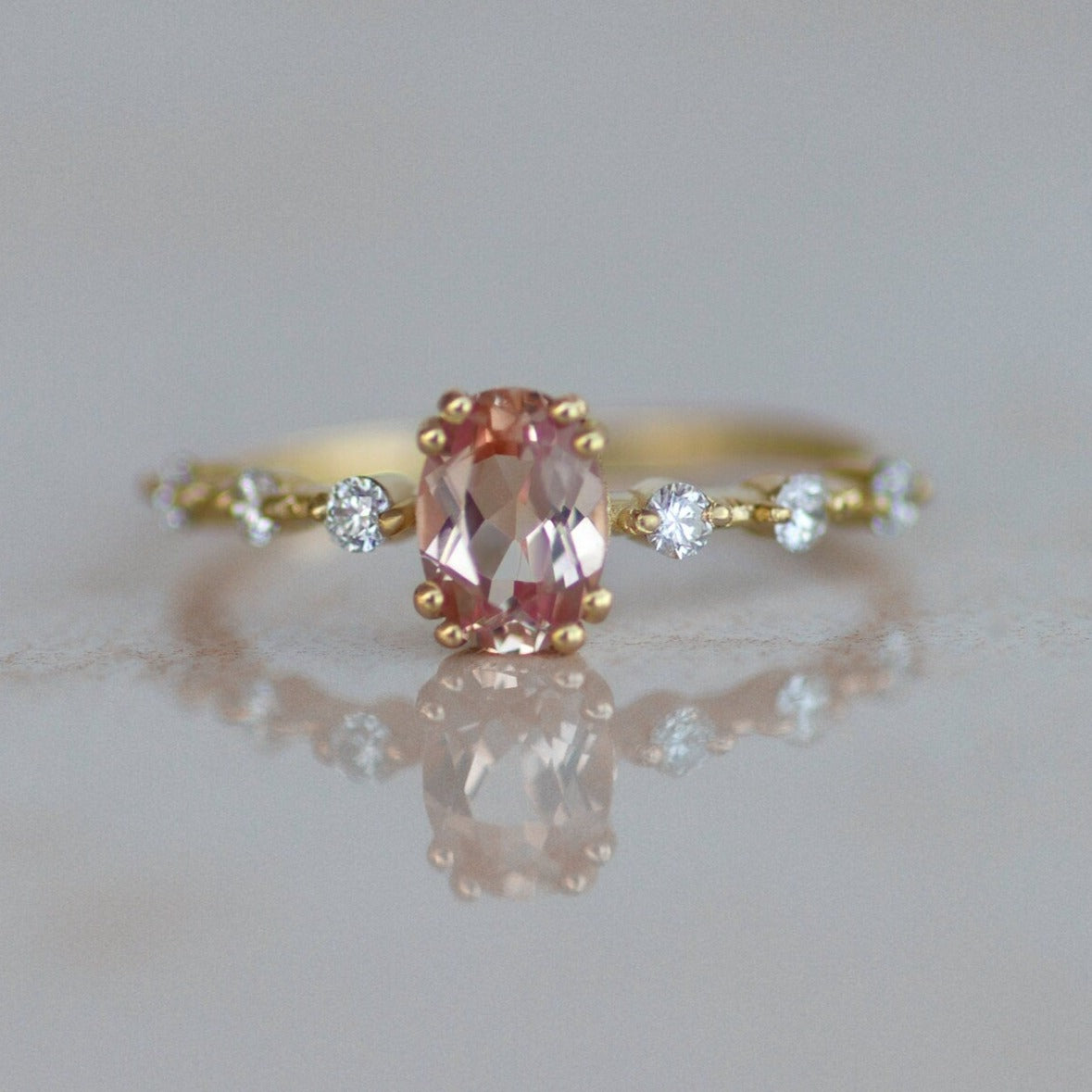 Stunning Morganite and Diamonds Avant Garde Engagement Ring Yellow Gold Pink Oval Ring