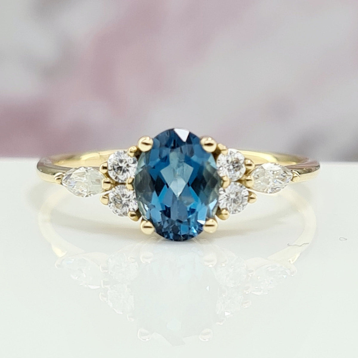 Blue Gemstone Dainty Minimalist Gold Ring with Diamonds