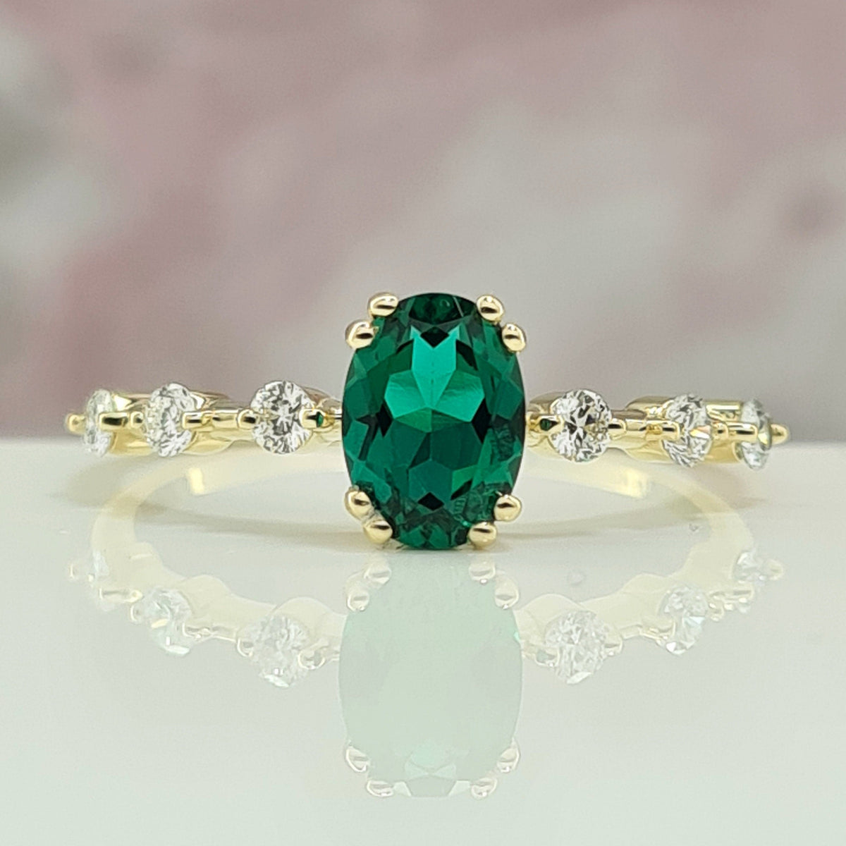 Handmade Emerald Ring Stone, Emerald Diamond Engagement Ring, Oval Ring For Woman, Minimalist Diamond Gift Ring, Stackable Ring Emerald