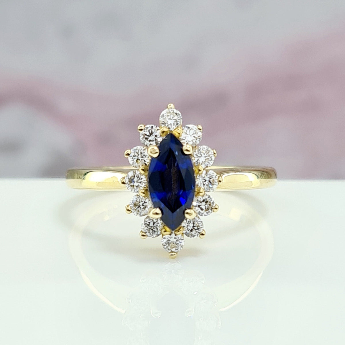 Amazing Design Real Blue Sapphire Lab Diamond Marquise Sun Shaped Proposal Ring For Love Minimalist Gemstone Gift Jewelry For Girlfriend