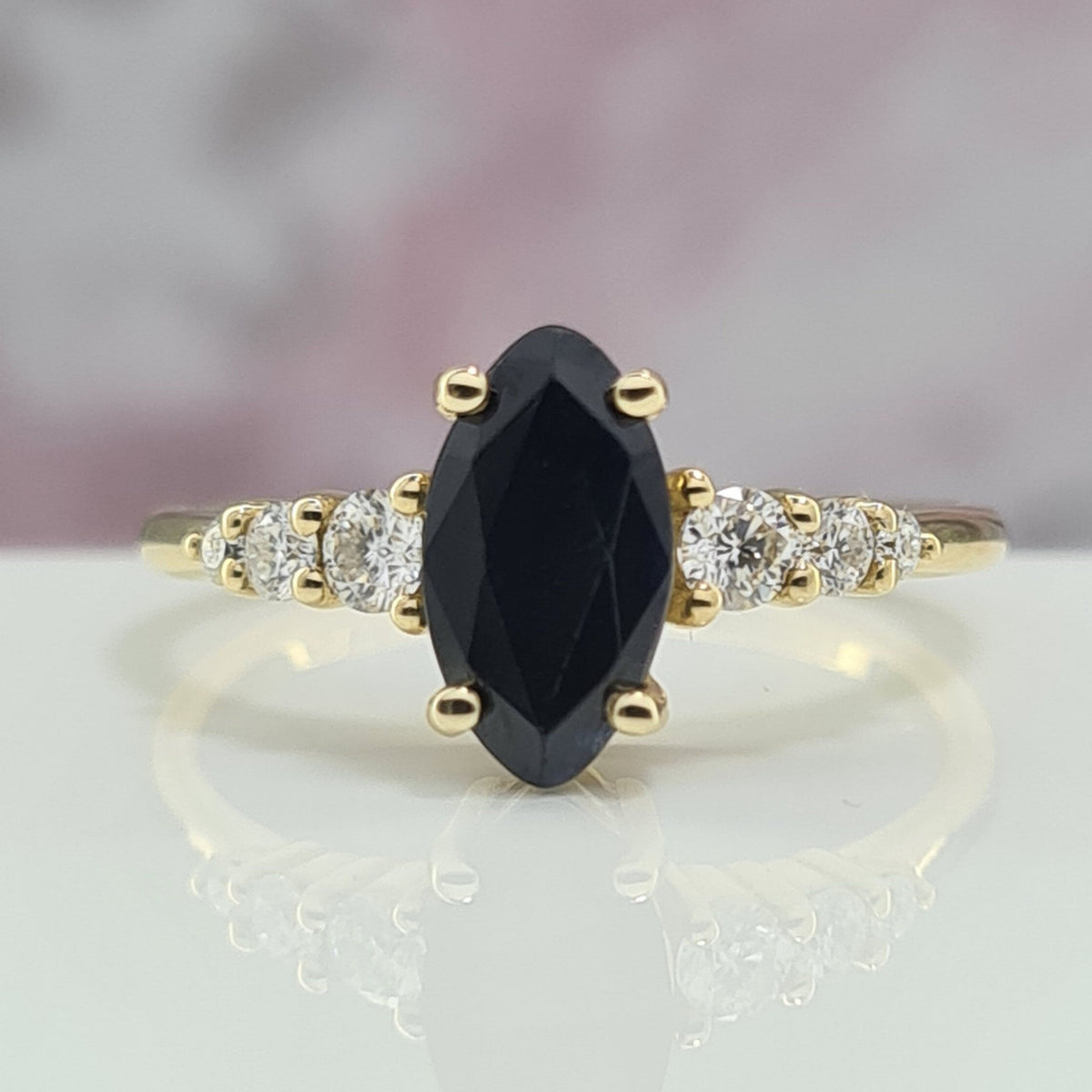 Elegant Black Sapphire Gemstone Engagement Ring 14k Gold Ring