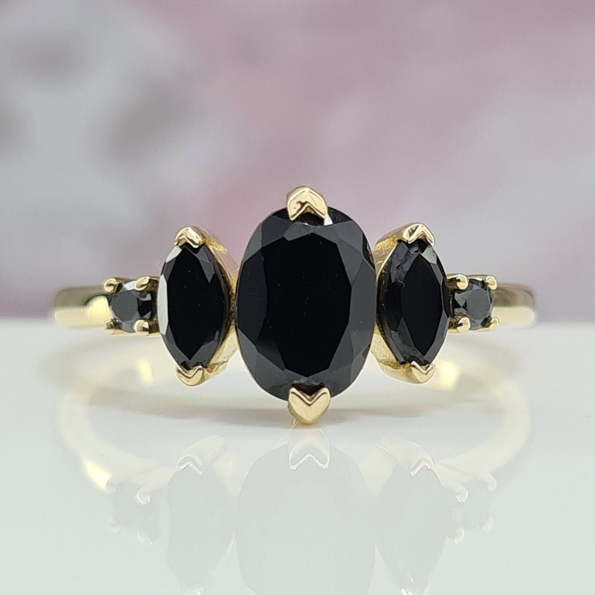 Mesmerizing Black Gemstone Oval Marquise Engagement Ring for Wife to Be