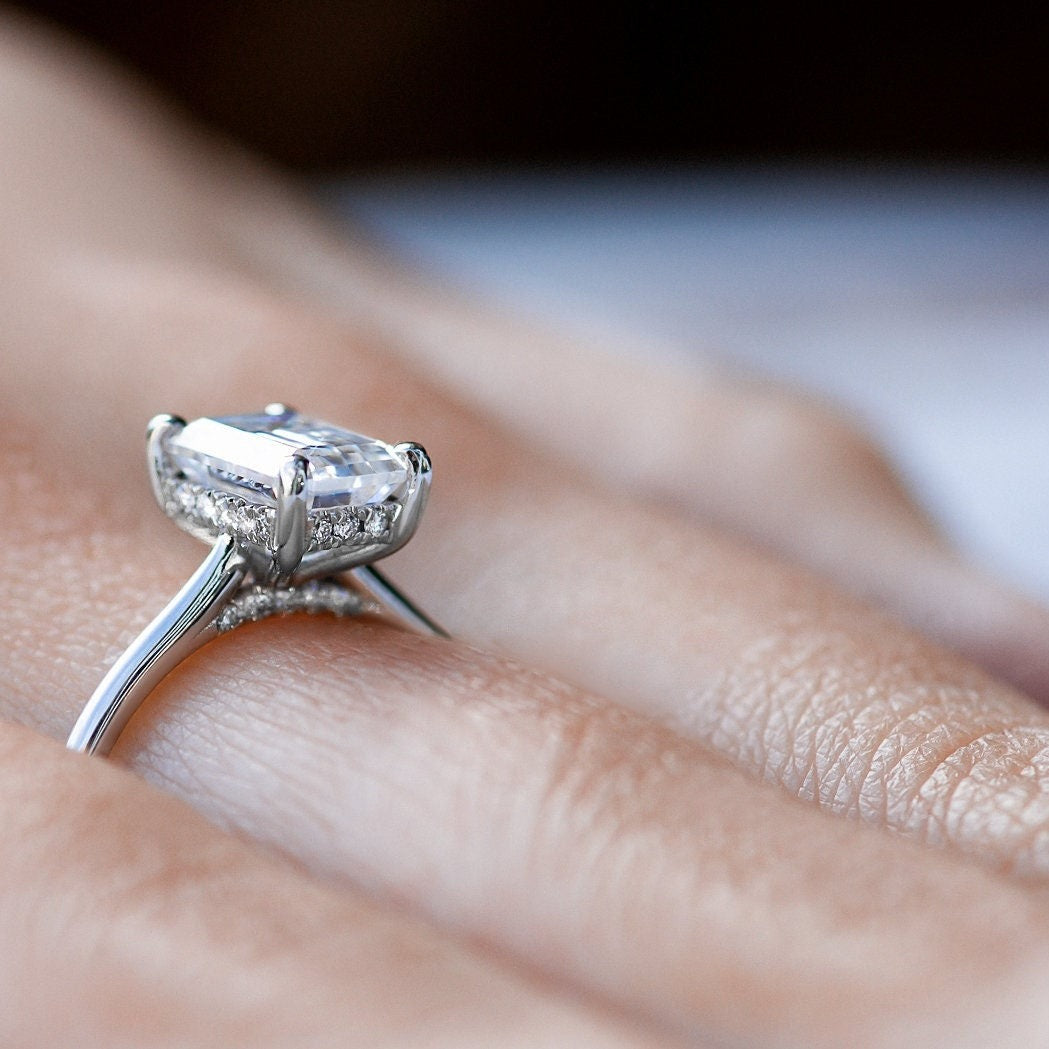 Carat Dainty Emerald Cut Diamond Engagement Ring Set High End Open Nesting Gold Marquise Ring