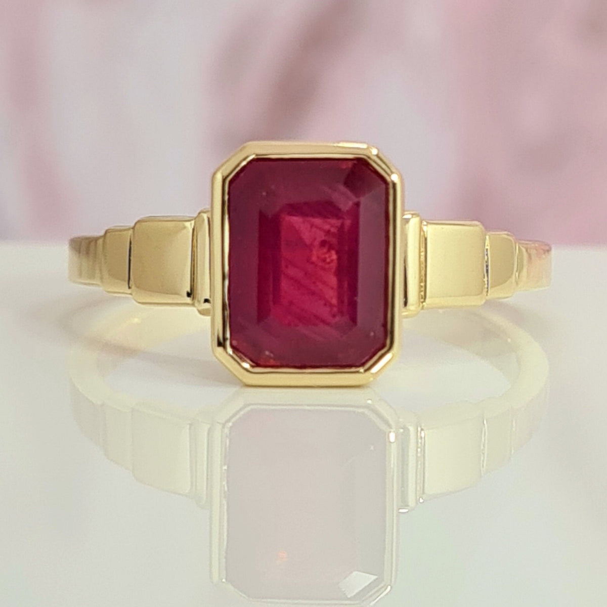 2 Carat Emerald Cut Ruby Engagement Ring, Bezel Set, 14K Yellow Gold, Bold Red Gemstone Ring