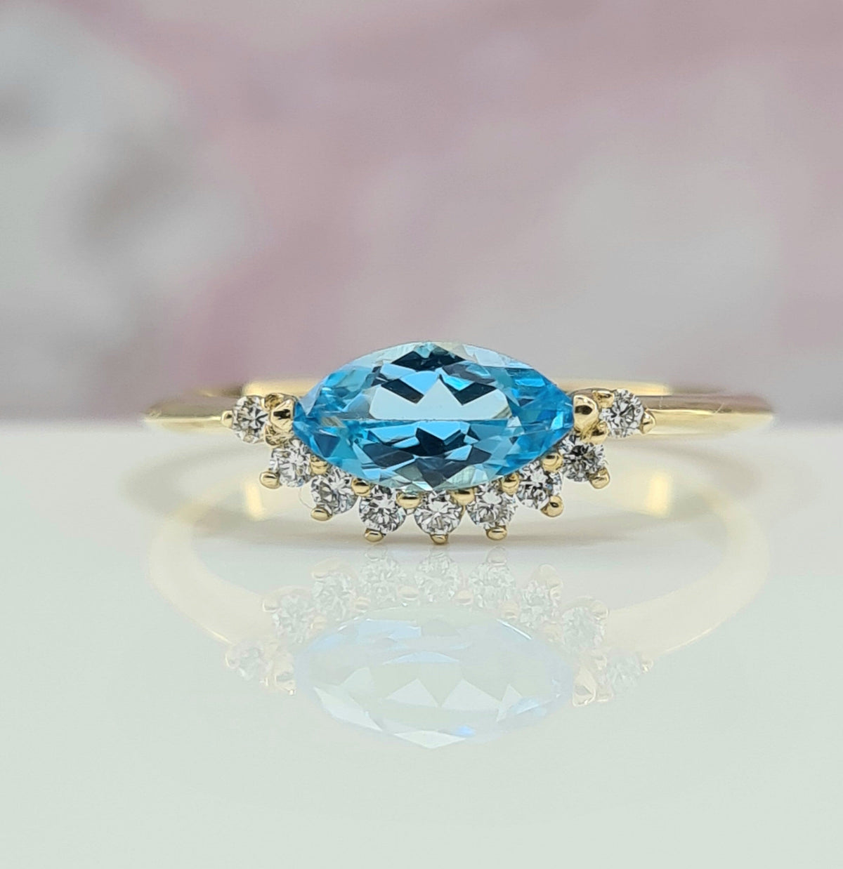 Blue Topaz Sun Shape Marquise 8 x 4 Lab Diamonds Minimalist Ring Christmas Gift