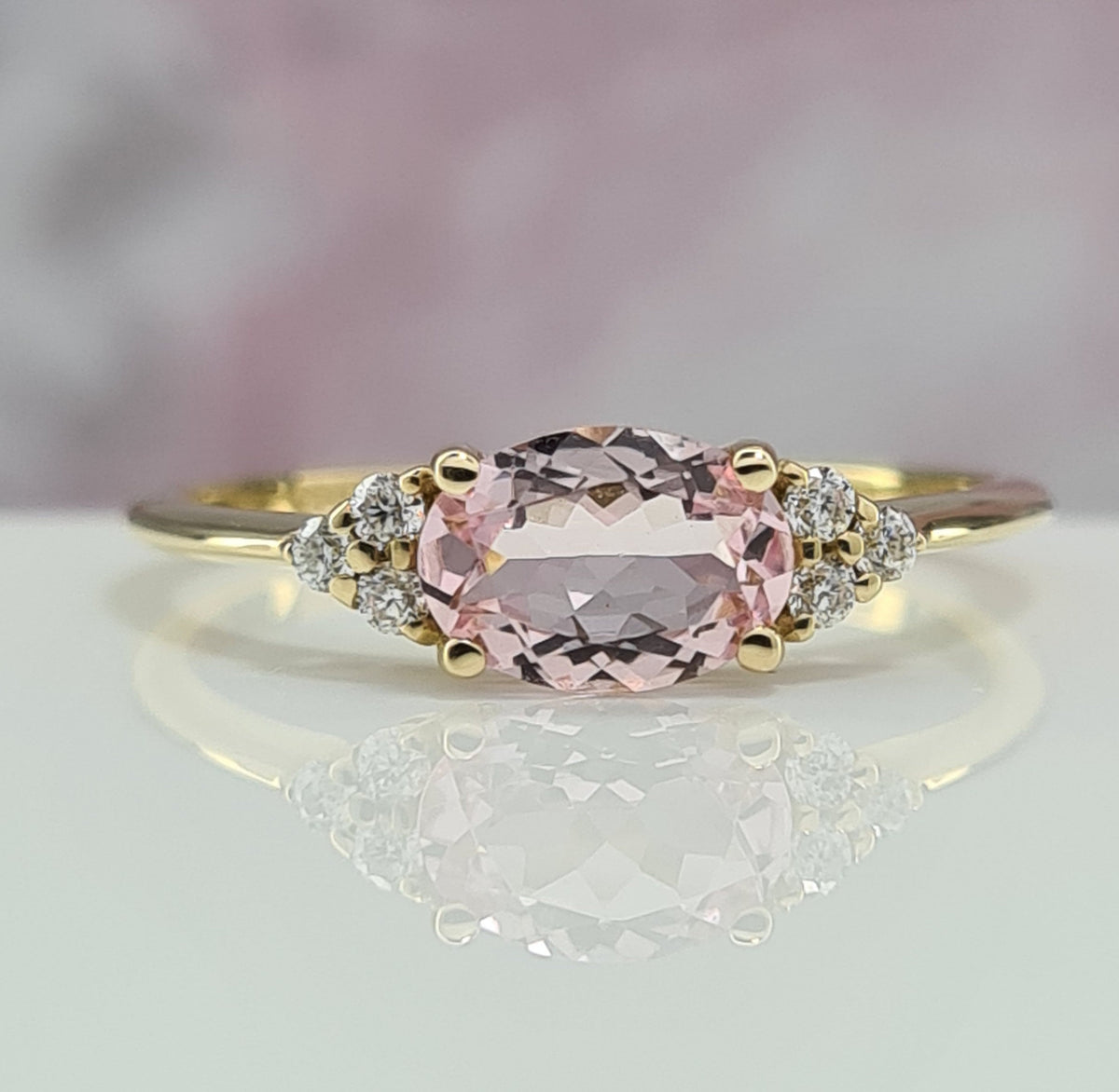 Oval Pink Morganite Ring, Lab Diamond Accents, 14K Gold, Dainty Anniversary Ring For Her