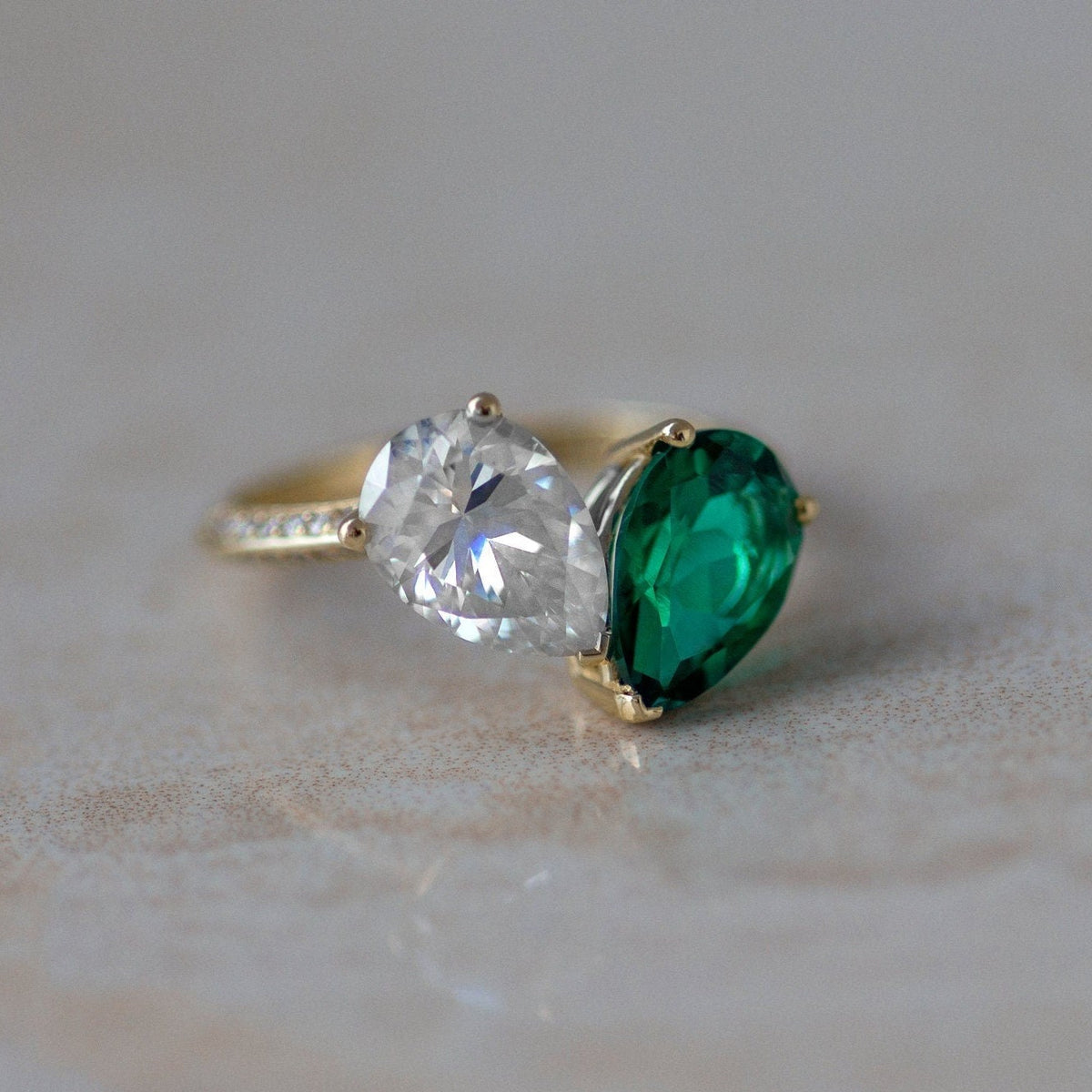 Unique Pear Emerald and Moissanite Diamond Engagement Ring 3 CT VVS