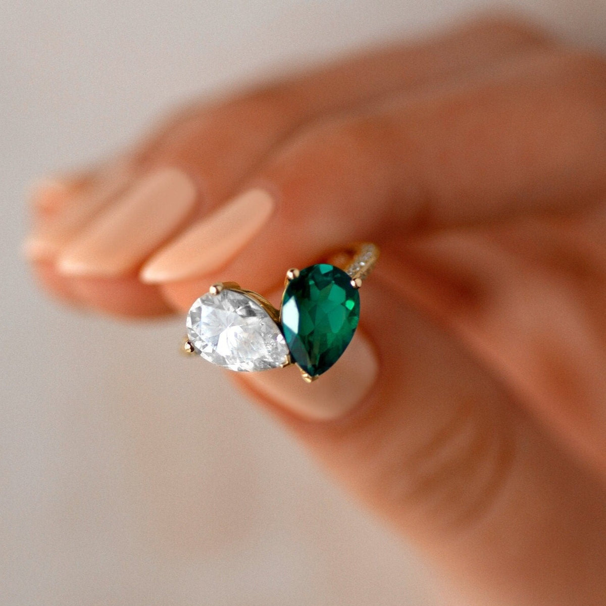 Pear Double Stone Engagement Ring, 3 Carat Moissanite Emerald Ring