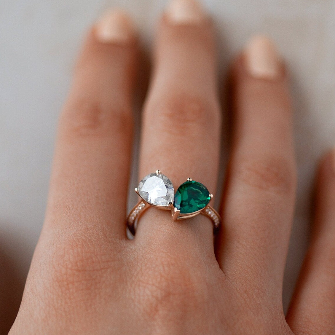 Toi et Moi Emerald & Diamond Ring, Pear Cut, Rose Gold