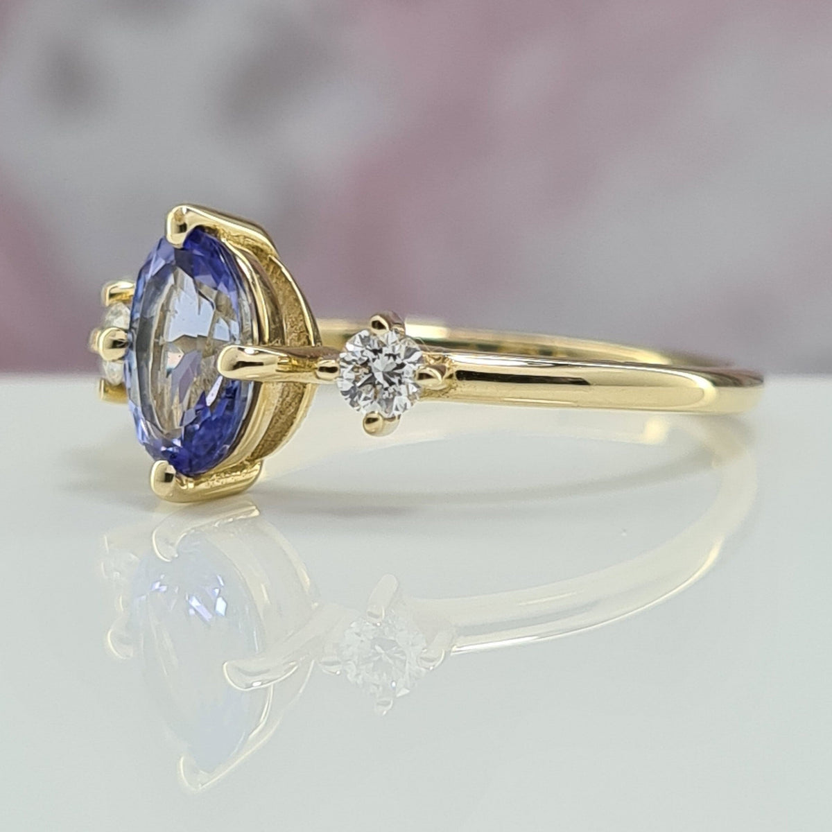 Dazzling Oval Blue Tanzanite Diamond Side Stones Promised Ring For Girlfriend Gemstone 14K Gold Delicate Craftmanship Jewelry Gift For Her