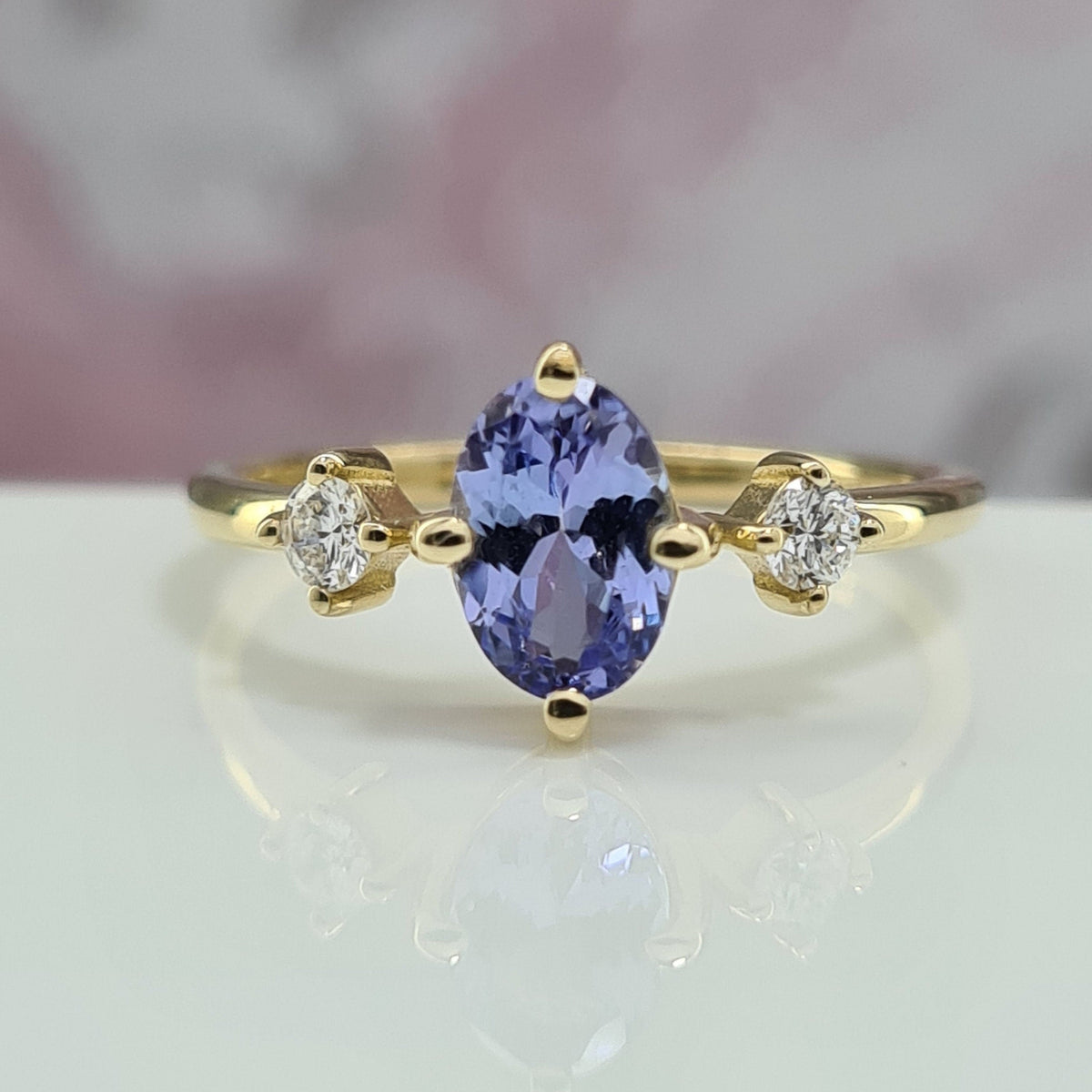 Tanzanite Blue Gemstone Engagement Ring, Minimalist Stackable Ring Blue, 14k Gold Proposal Ring Woman, Diamond Side Stone Ring, Gift ring