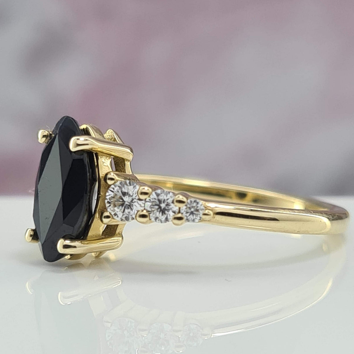 Modern Stunning Marquise Engagement Ring Black Sapphire Unique Ring