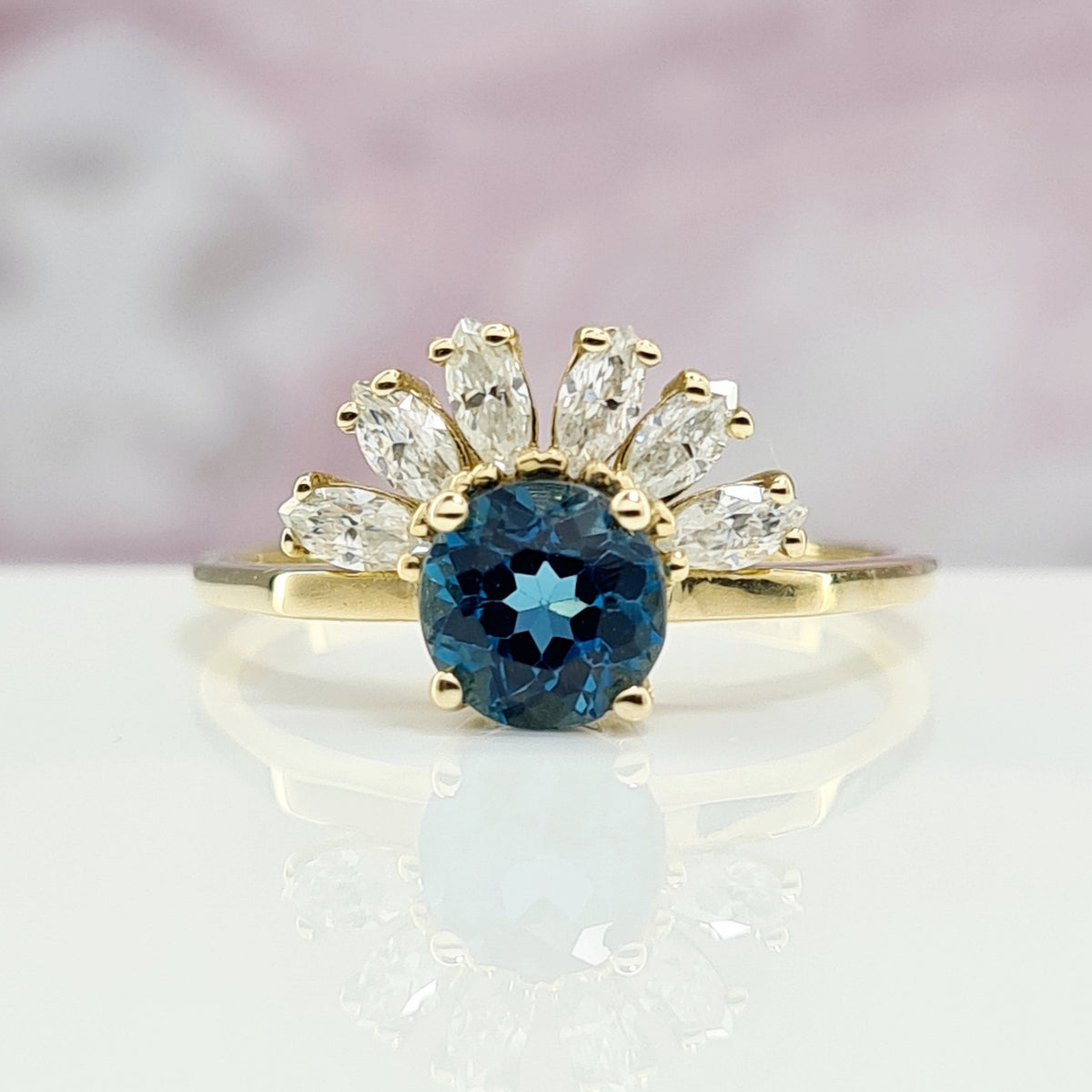 Topaz Anniversary Ring, Blue Topaz Dainty Ring Sun Shape, Art Deco Blue Ring, Unique Topaz Ring, 6 x 6 Topaz Ring, Moissanite Marquise Ring