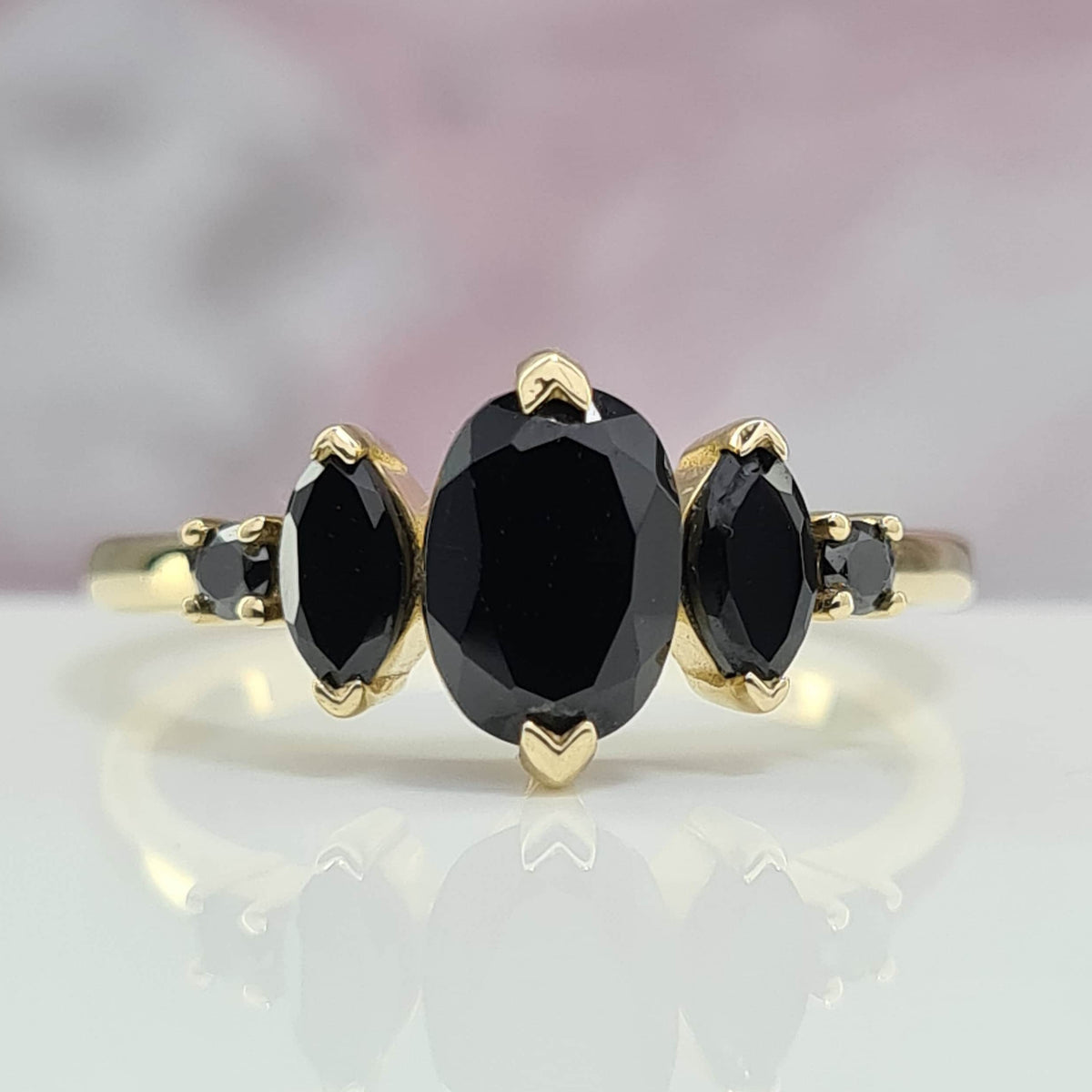 Amazing 5 Stone Black Spinel Oval Marquise Round Cut Anniversary Ring 14K or 18K Gold Attractive Gemstone Prong Promise Ring Jewelry Gift