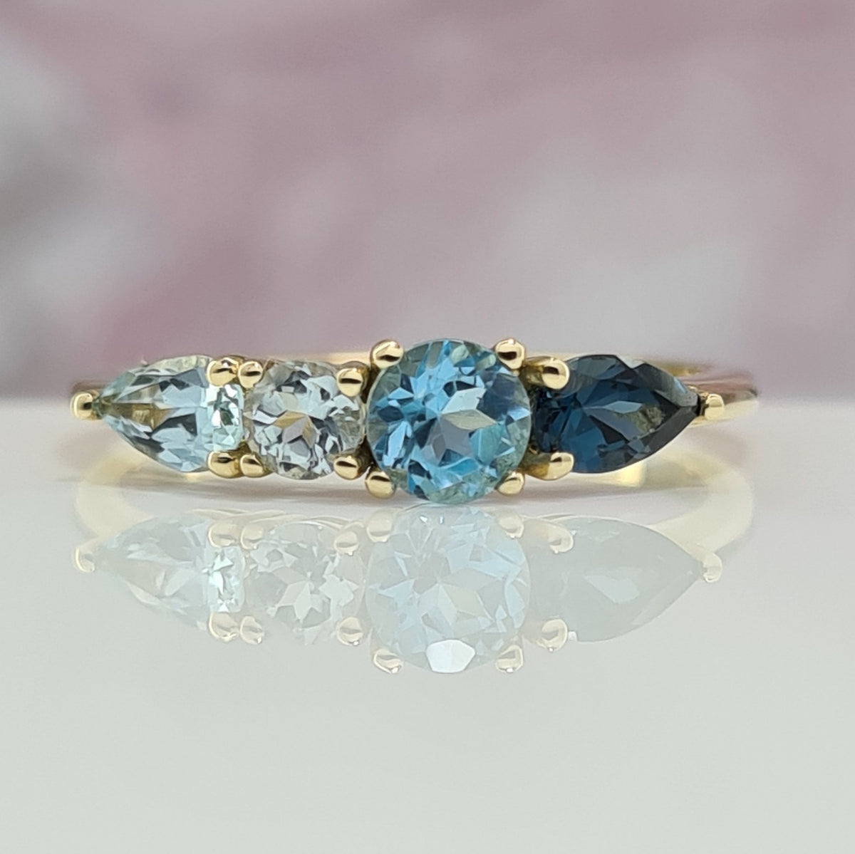 Blue Topaz Ombre Ring, 4 Stones, 14K Gold, November Gift