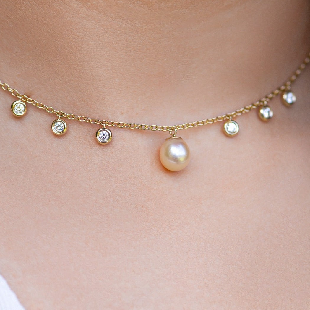 Unique Bezel Diamond and Pearl Gold Necklace for Anniversary Birthday Fine Jewelry Gift