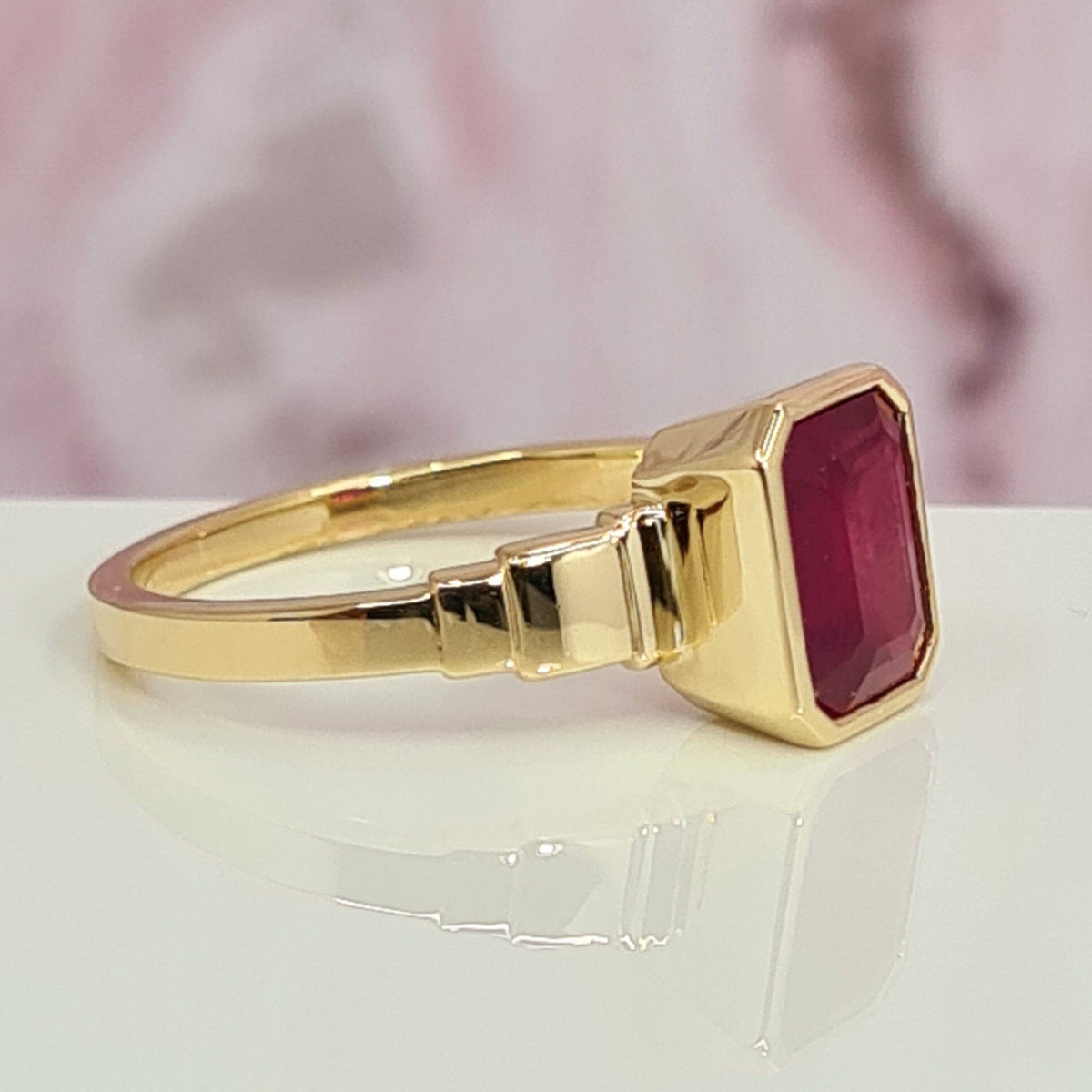 Art Deco Ruby Engagement Ring Emerald Shape Bezel Set Yellow Gold 14k Big Red Gemstone Ring 8.00 x 6.00 mm