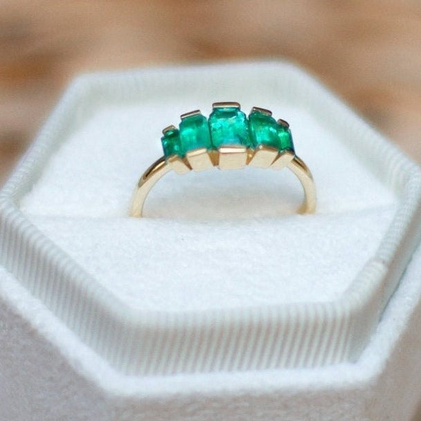 Colombian Emerald Natural Mine Baguette/Emerald Cut Stackable  5 Emerald Ring