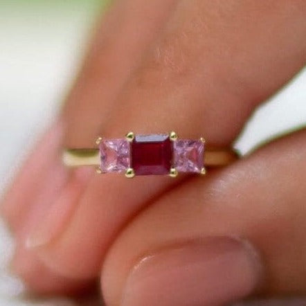 Pink And Red Gemstone Ring, Ruby And Tourmaline Colorful Ring, Minimalist Everyday Wear Special Classy Ring