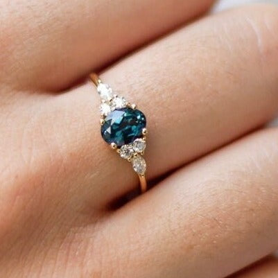 Fine London Blue Topaz Oval Engagement Side Stones Ring 7 x 5 mm