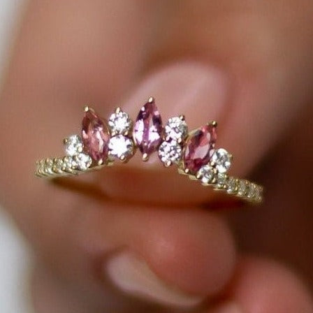 Appealing Chevron Crown Shaped Pink Tourmaline Marquise Moissanite Diamonds Anniversary Stackable Ring For Love Christmas Jewelry Gift Ring