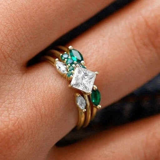 Amazing Art Deco 3 Rings Set Diamonds Moissanite Engagement Ring Set Emerald Stacked Ring Set