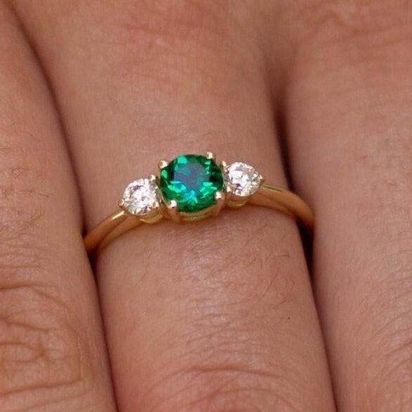 Emerald Ring Gold,  3 Stone Ring for Women, Emerald Engagement Ring Gold, Minimalist Engagement Ring