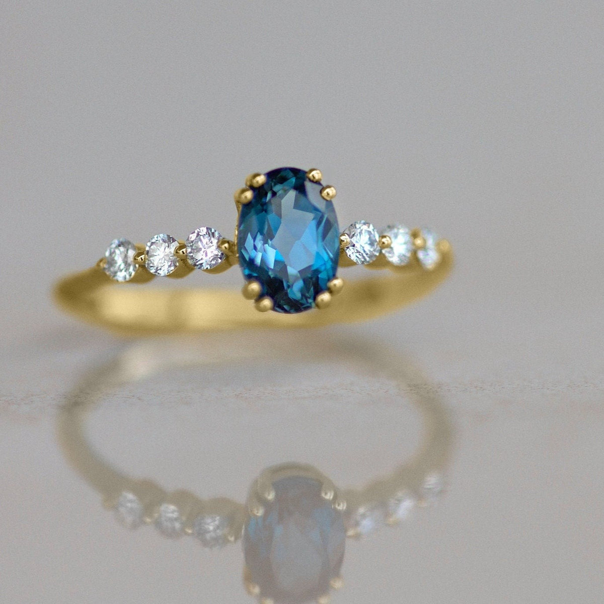 Dainty Oval Engagement Ring Blue Topaz Lab Diamonds Valentine Gift Ring