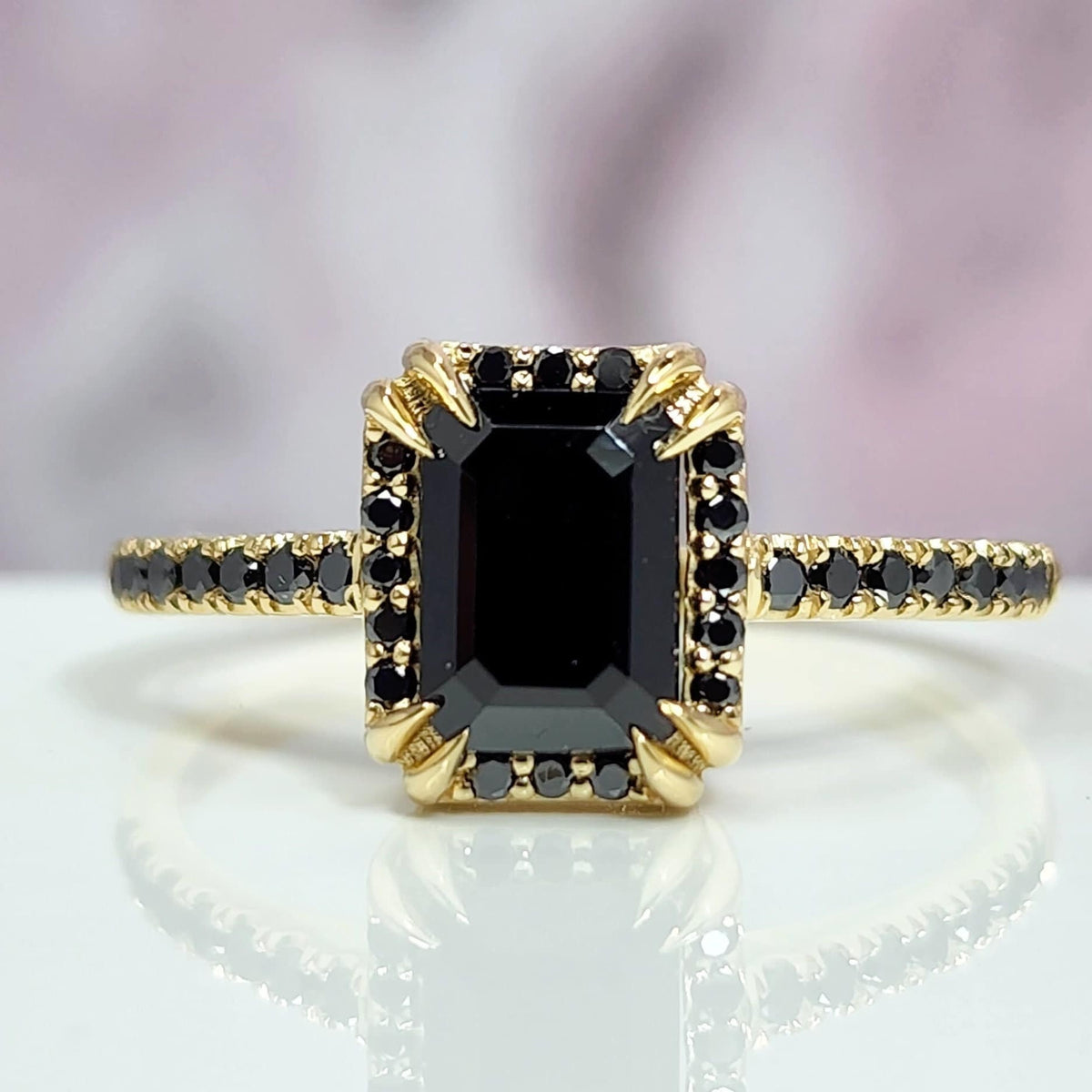 Impressive 1 Carat Black Diamond Statement Big Ring Double Prongs Designer Art Deco Ring Anniversary Ring Gift 7 x 5 mm Stone