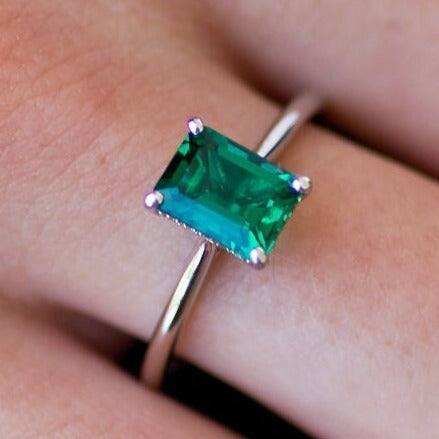 1.5 CT Dainty Big Emerald Engagement Ring, Square Elongated Green Emerald Cut Ring Hidden Halo Ring