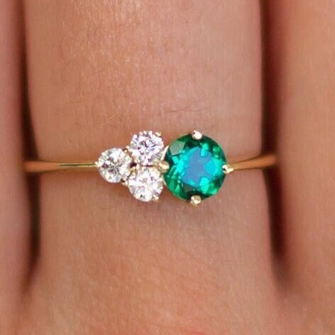 Dainty Green Emerald Cluster 3 Diamond Ring For Woman Gold Modern Unique Ring For Special Event